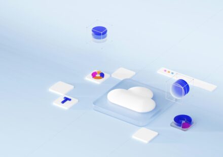A white cloud icon on a glass square with floating data charts and cylinders