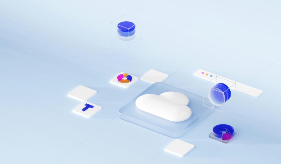 A white cloud icon on a glass square with floating data charts and cylinders