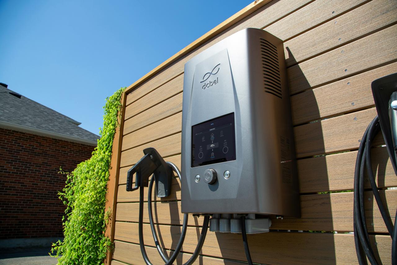 Electric car charger mounted on a wooden wall