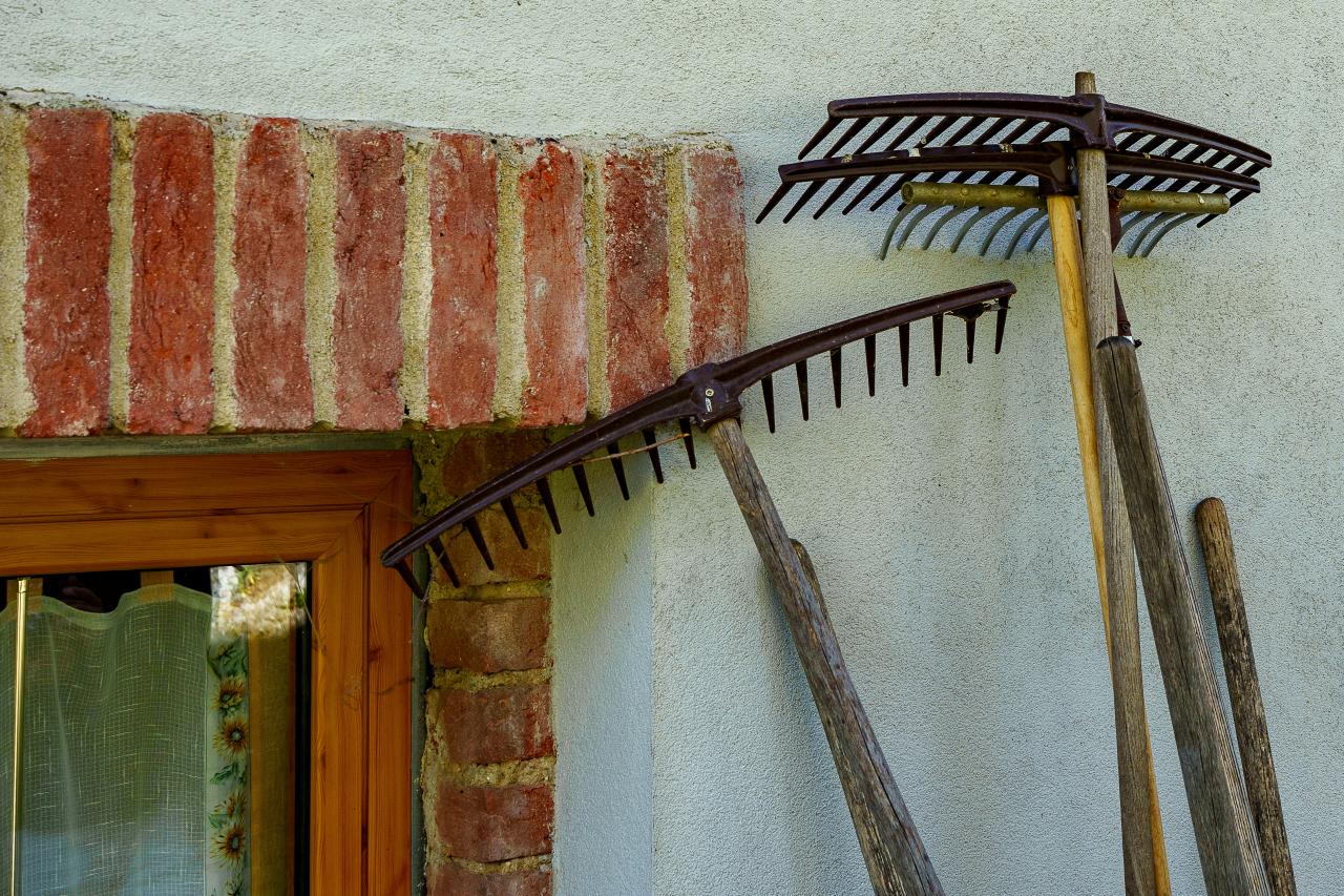 Two old rakes leaning against a wall